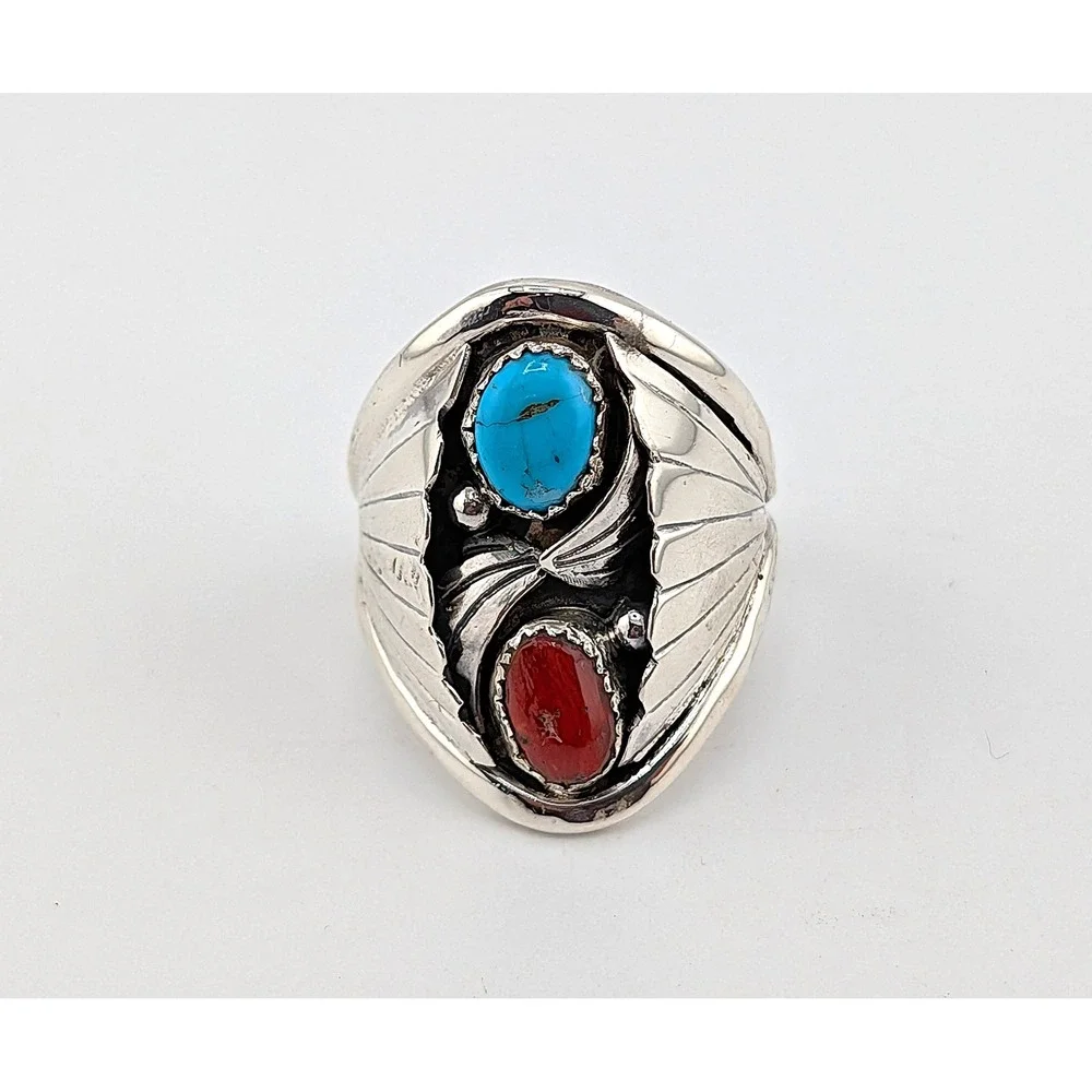 Navajo Men's Ring Sterling Turquoise Coral by J. Begay 13.5 Southwest Artisan*** - Picture 7 of 9